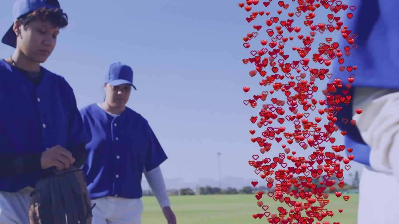 Baseball players on field with red heart animation cascading down
