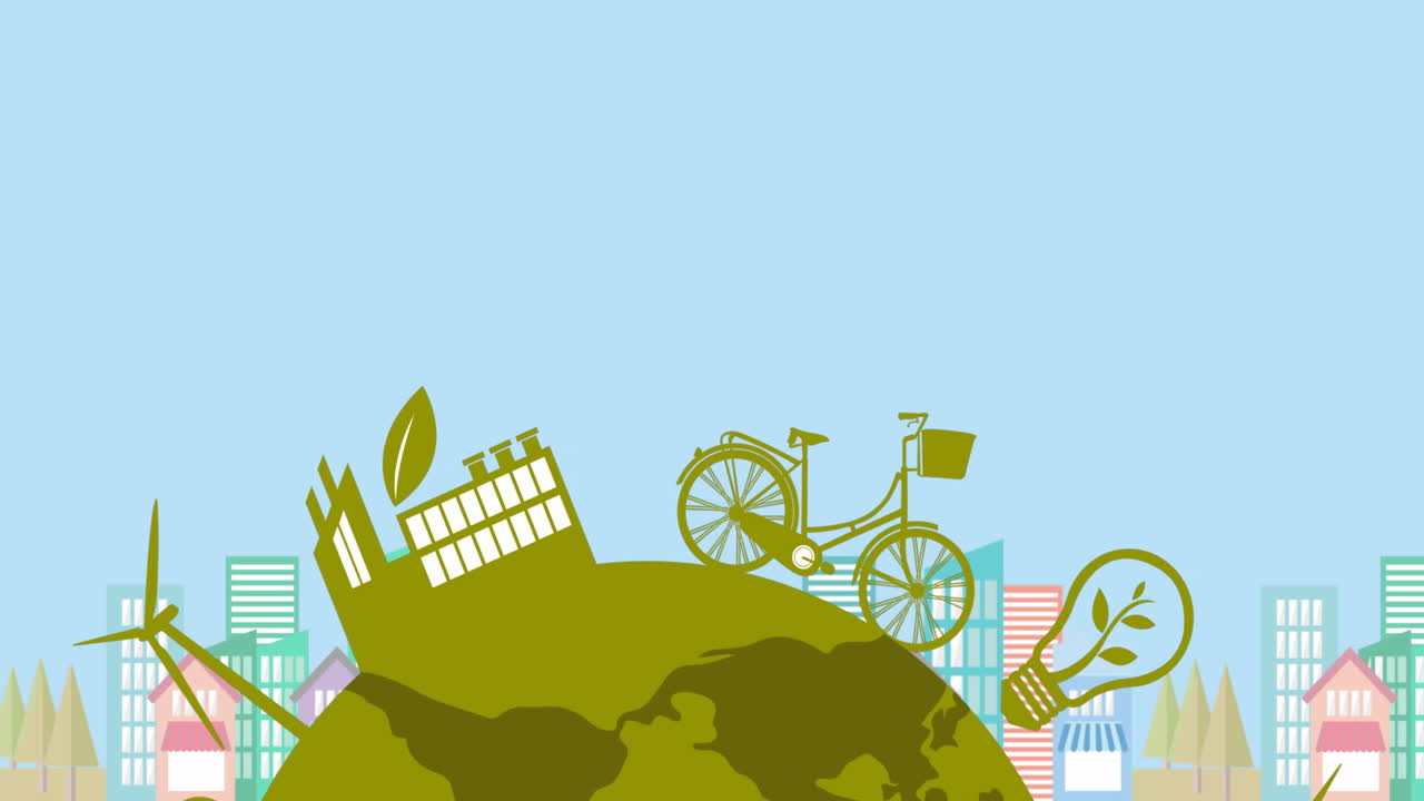 도시 위의 지구공을 가진 생태학 아이콘의 애니메이션