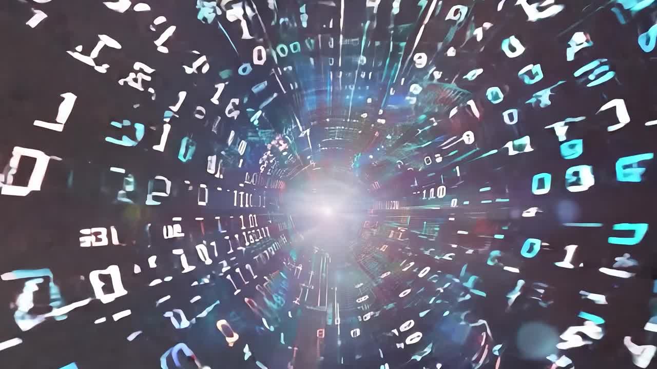 Binary code creates a digital tunnel advancing toward a bright light, symbolizing data flow and technological progress