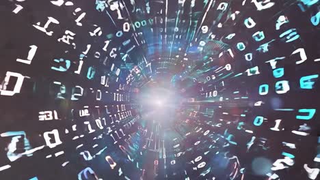 el código binario crea un túnel digital que avanza hacia una luz brillante, que simboliza el flujo de datos y el progreso tecnológico.