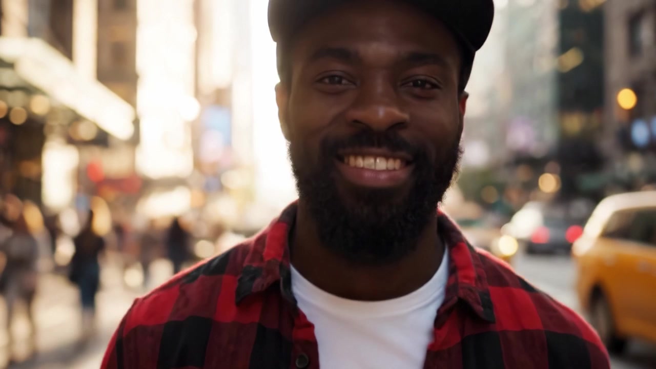 Una Sonrisa Vibrante en el Corazón de la Ciudad: Capturando la Esencia Alegre de la Vida Urbana al Atardecer con un Hombre Vestido de Colores Vivos en una Calle Concurrida.