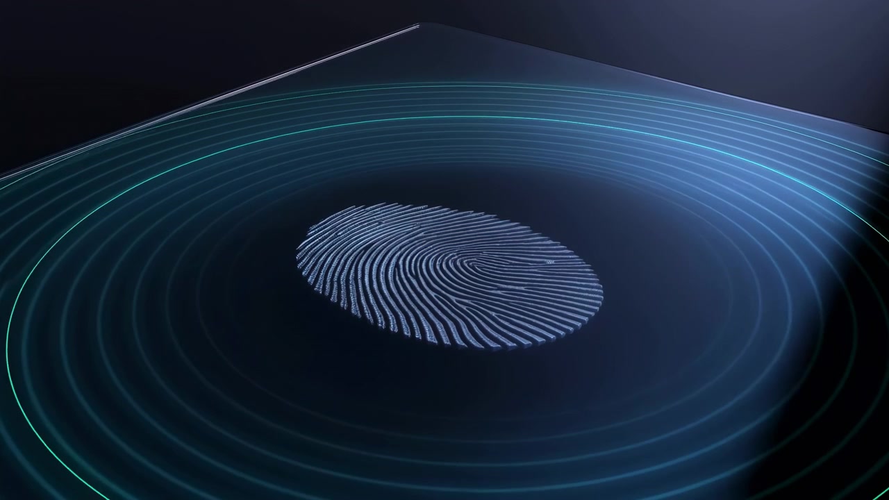 Centered fingerprint glows on glossy dark smartphone display while cyan rings expand outward, creating biometric scan effect with reflections, contrast, and sleek secure digital styling