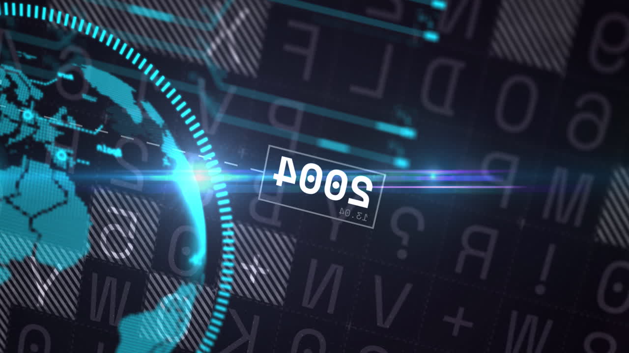 Animation of blue globe over data processing on dark background