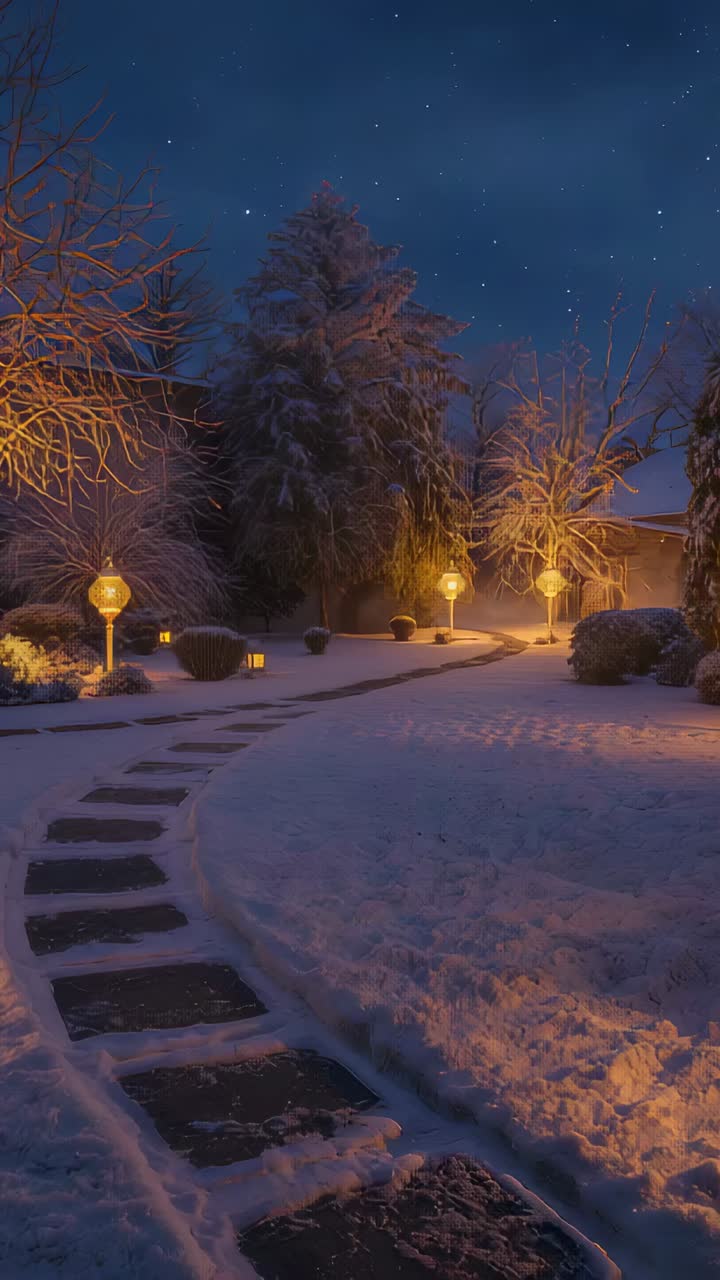 Vertical video: Glowing lampposts lighting stepping-stone path toward house under twinkling stars