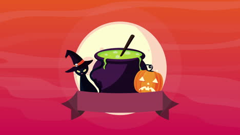 halloween witch scene with cauldron and black cat