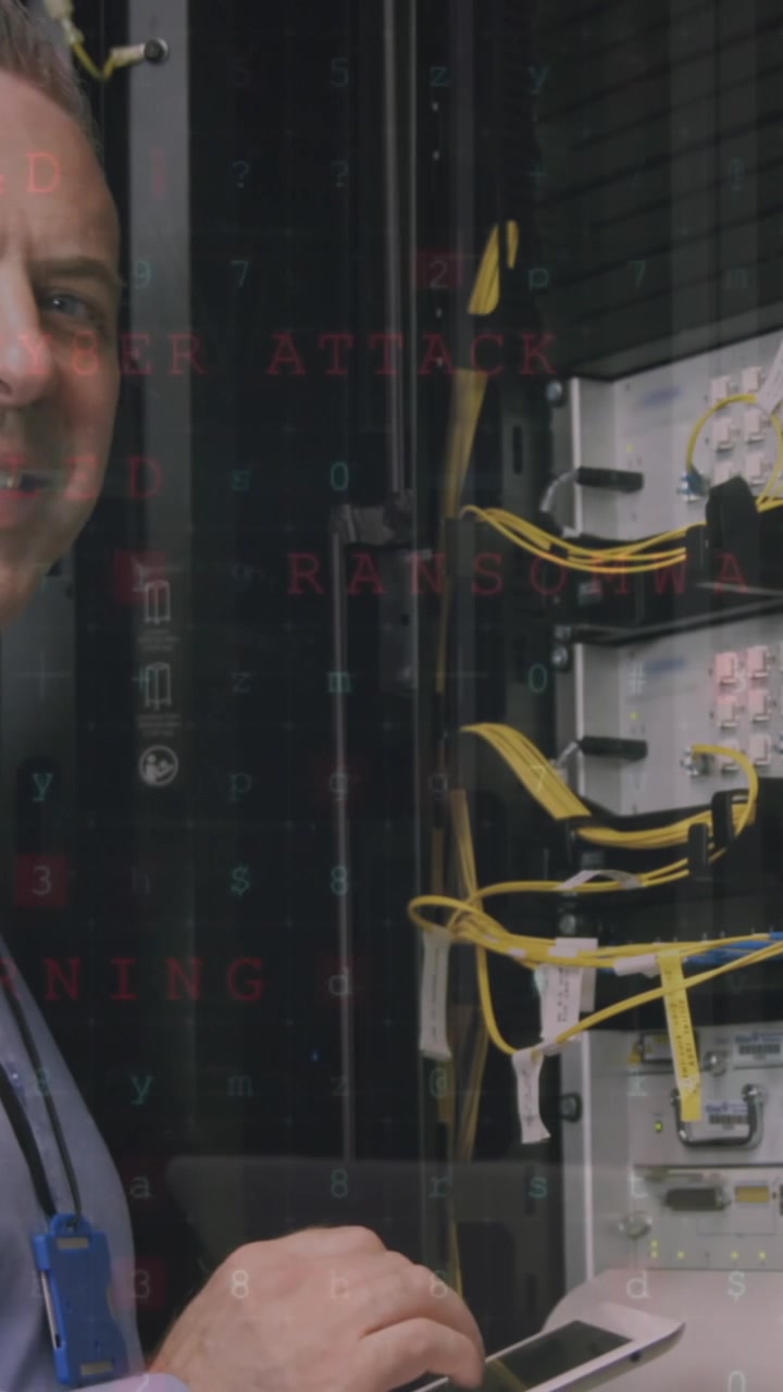 Animation von Finanzdatenverarbeitung über kaukasischem Serverraum-Mitarbeiter