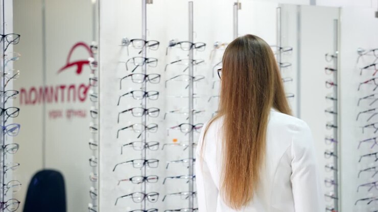 Young woman in new glasses at the store. Girl choosing fashionable eyeglasses. Female trying on stylish spectacles at optics.