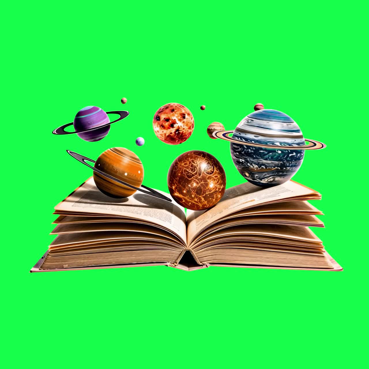 Planets emerge from book animation, transparent 4K video, green screen