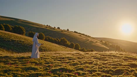a serene video scene blending a transparent figure with a sunlit landscape