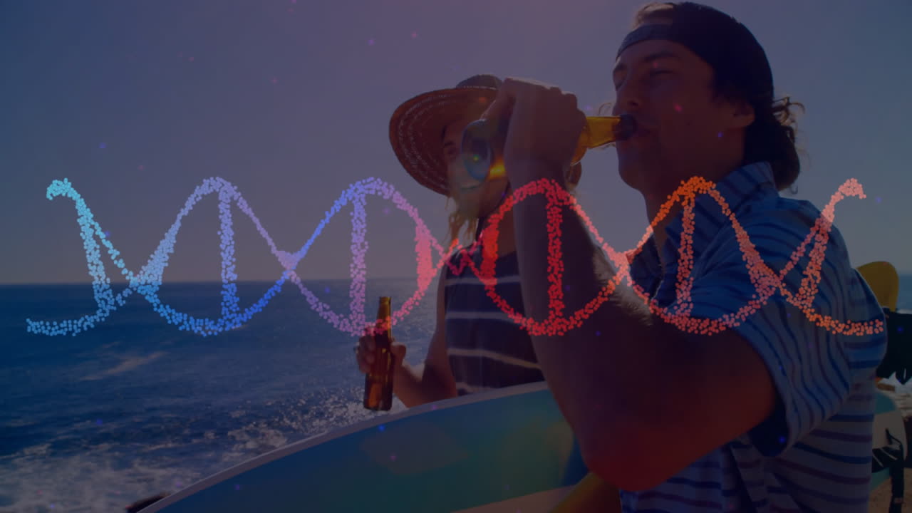 DNA strand animation floating as people having drinks by ocean at sunset