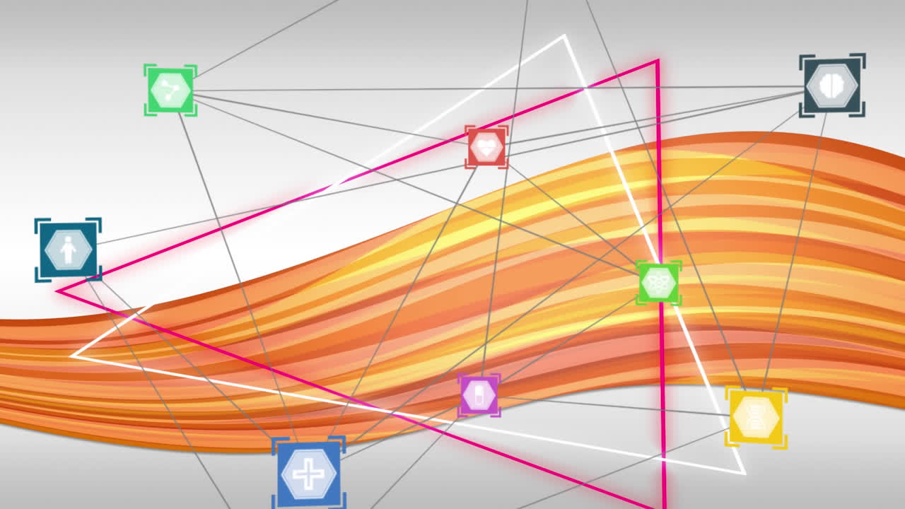 una red de iconos de conexiones contra una onda colorida