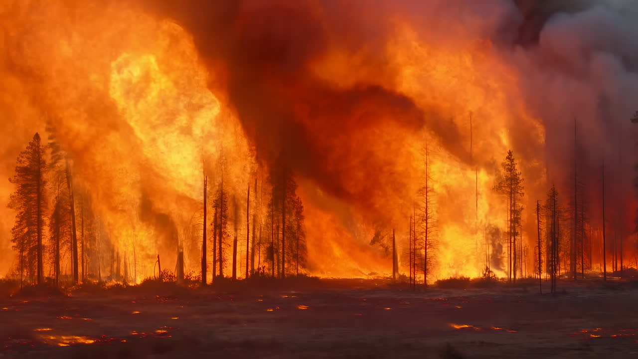 Drammatico incendio boschivo che avvolge gli alberi in intense fiamme e fumo