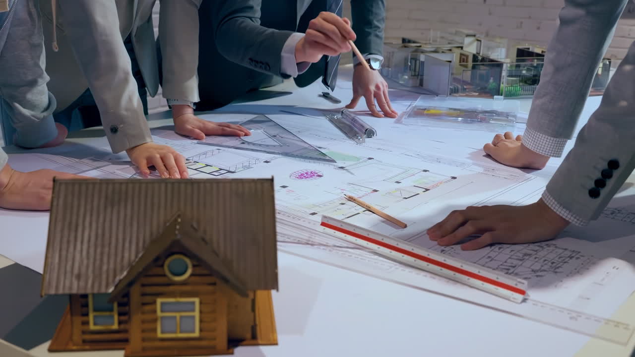 Discussion With team of architectures and businessmen discussing and brainstorming on floor plan modification for real estate investment, housing development project