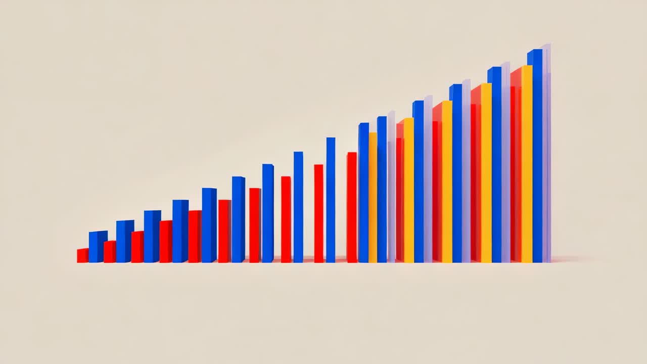 Starting with two red and blue bars on cream backdrop, growing 3D bars ascending right rotating