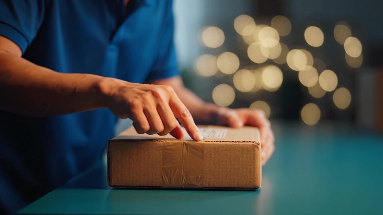 テーブルの上で、集中した人物が丁寧に荷物を準備し、封をしている。背景のぼやけた光が、温かい期待感と心遣いの雰囲気を演出している。