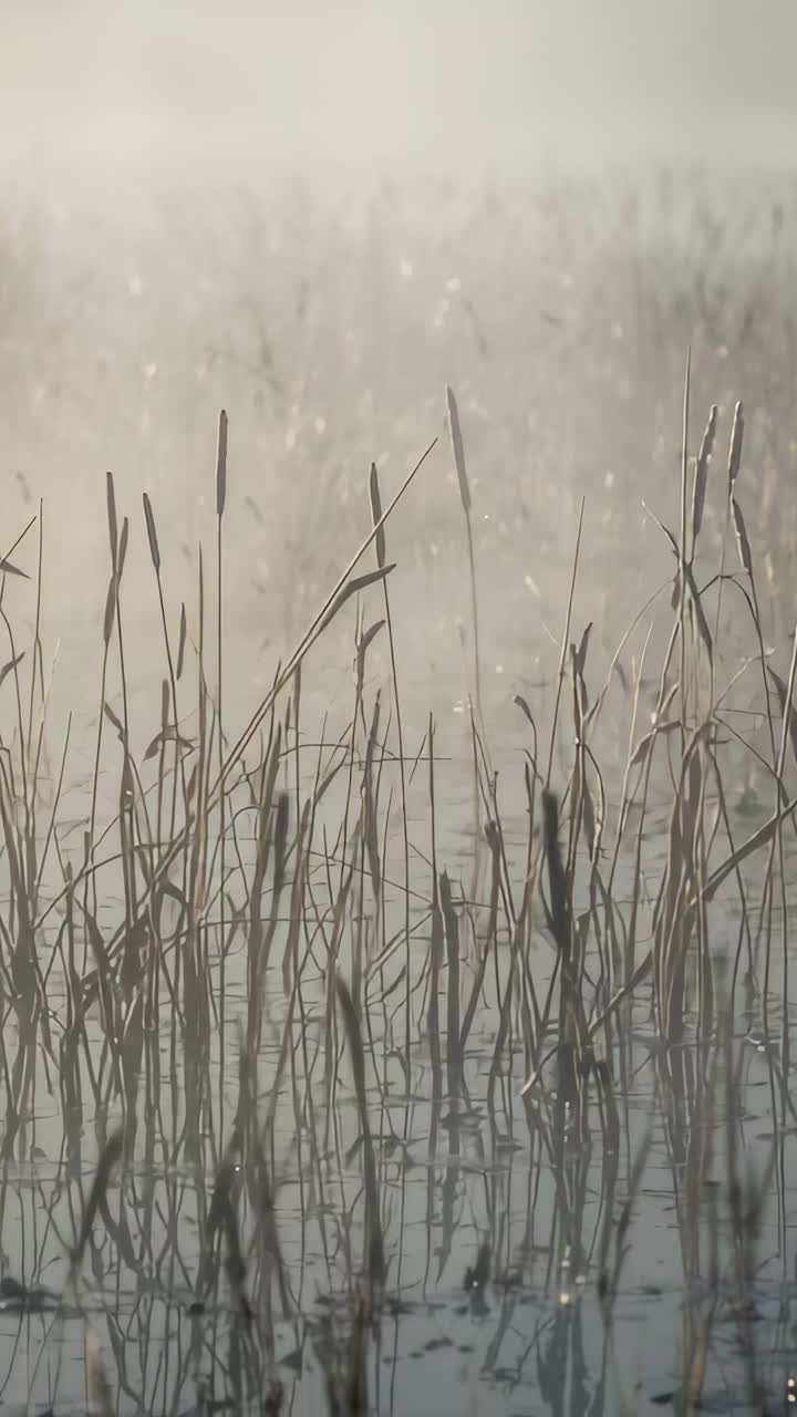 Vertical video: Swaying reeds and cattails moving from gentle breeze, reflecting droplets in marsh