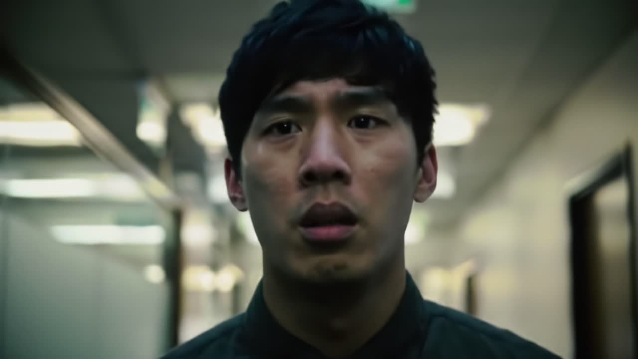 A man walks through a dimly lit corridor, displaying a range of emotions on his face. The atmosphere suggests tension and anticipation as he navigates the space.