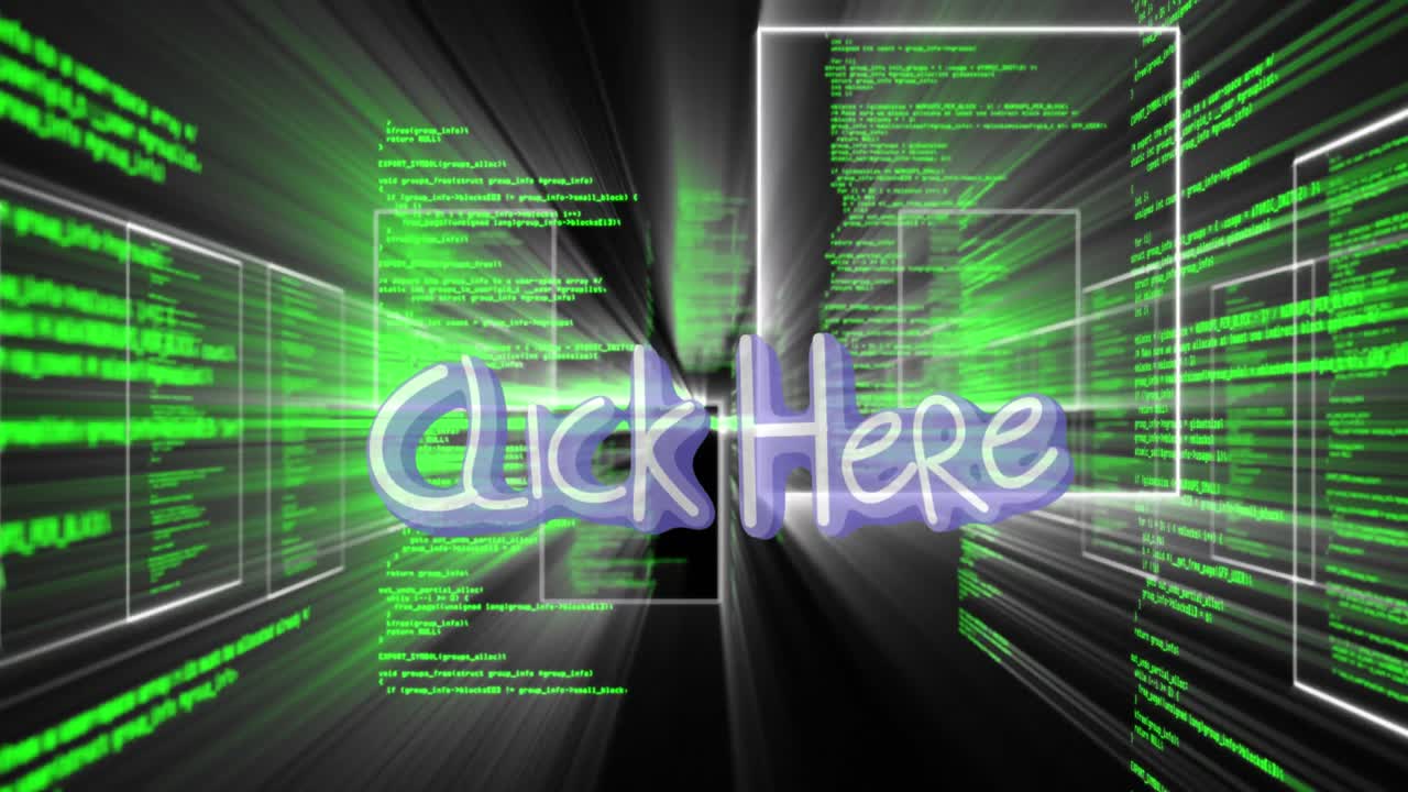 animación de click here banner de texto sobre pantallas con fondo negro de procesamiento de datos.