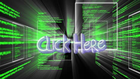 animación de click here banner de texto sobre pantallas con fondo negro de procesamiento de datos.