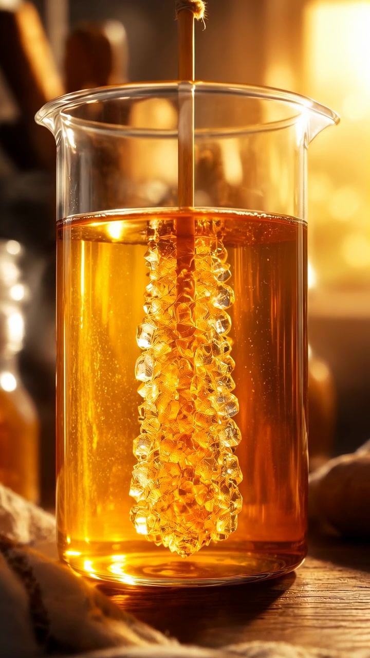 Vaso di vetro trasparente che contiene liquido ambrato, mentre un oggetto di cristallo testurizzato pende all'interno, con brillante illuminazione dorata, riflessi e un punto di vista ravvicinato che mostra sottili dettagli della superficie e profondità