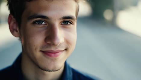 a young man with green eyes smiles for the camera