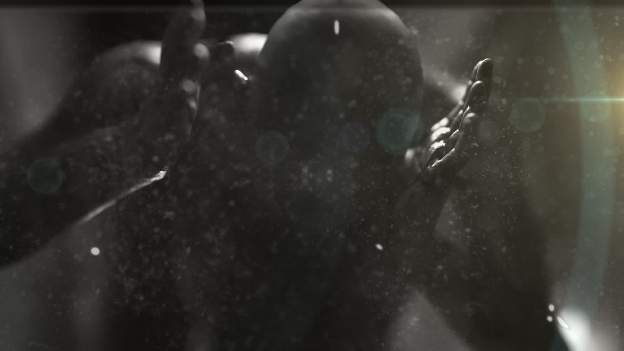 анимация поврежденного фильма страшной фигуры зомби в темной комнате, держащей голову в боли, черно-белый