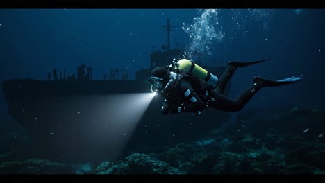 scuba diver exploring a shipwreck