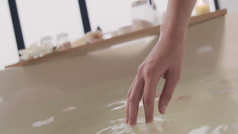 vista de cerca de las manos de la mujer tocando el agua de una bañera con flores 1