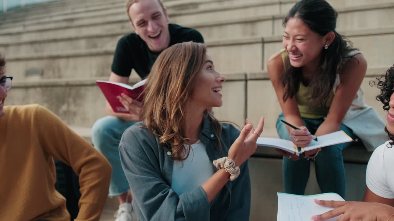 Young European female student chatting with friends outdoors and laughing