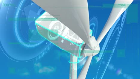 animation of data processing and wind turbine over sky with clouds