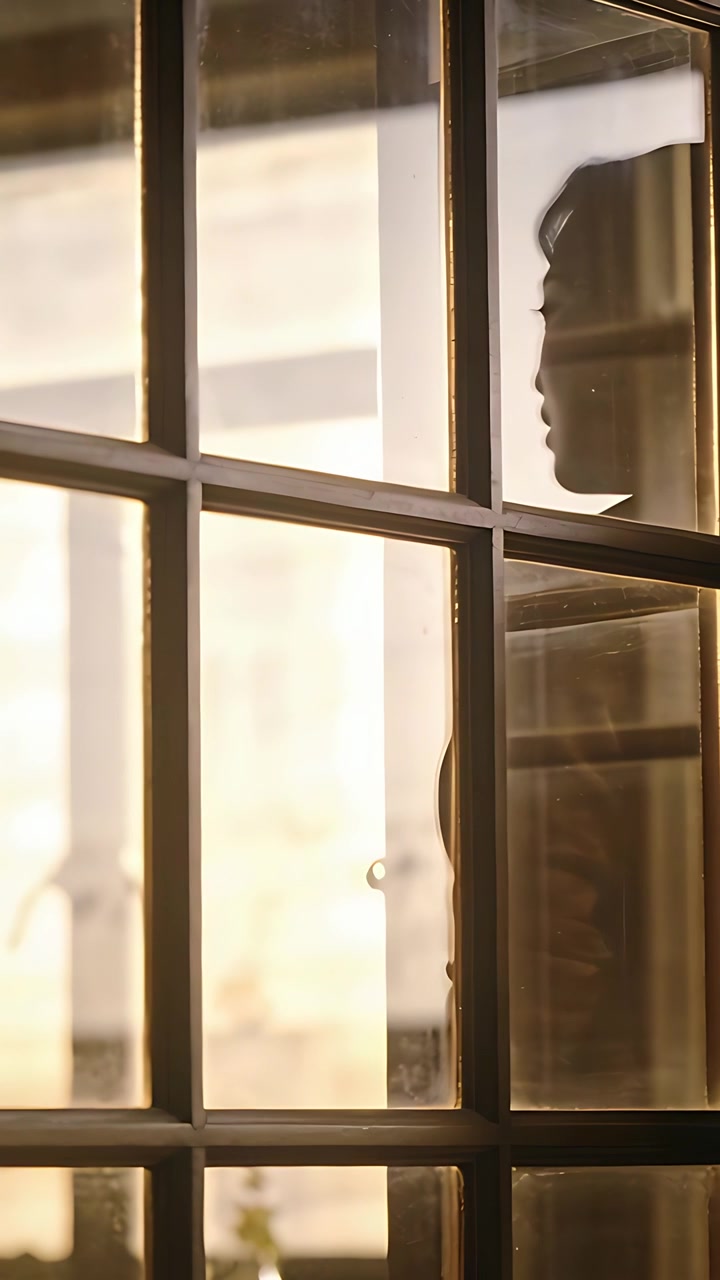 Vertical video: Standing sunlit woman shifting head at glass door with grid and knob, copy space