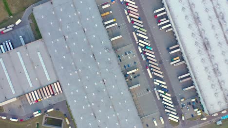 semi truck with cargo trailer is travelling on a parking lot along a warehouse of a logistics park