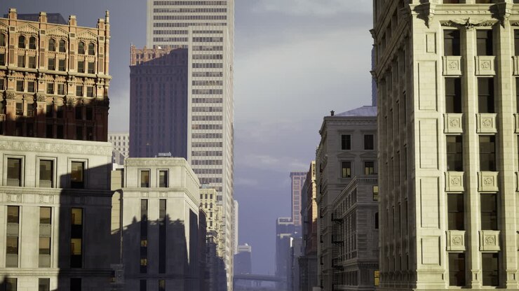 Exploring the urban landscape of a bustling city in the golden hour glow