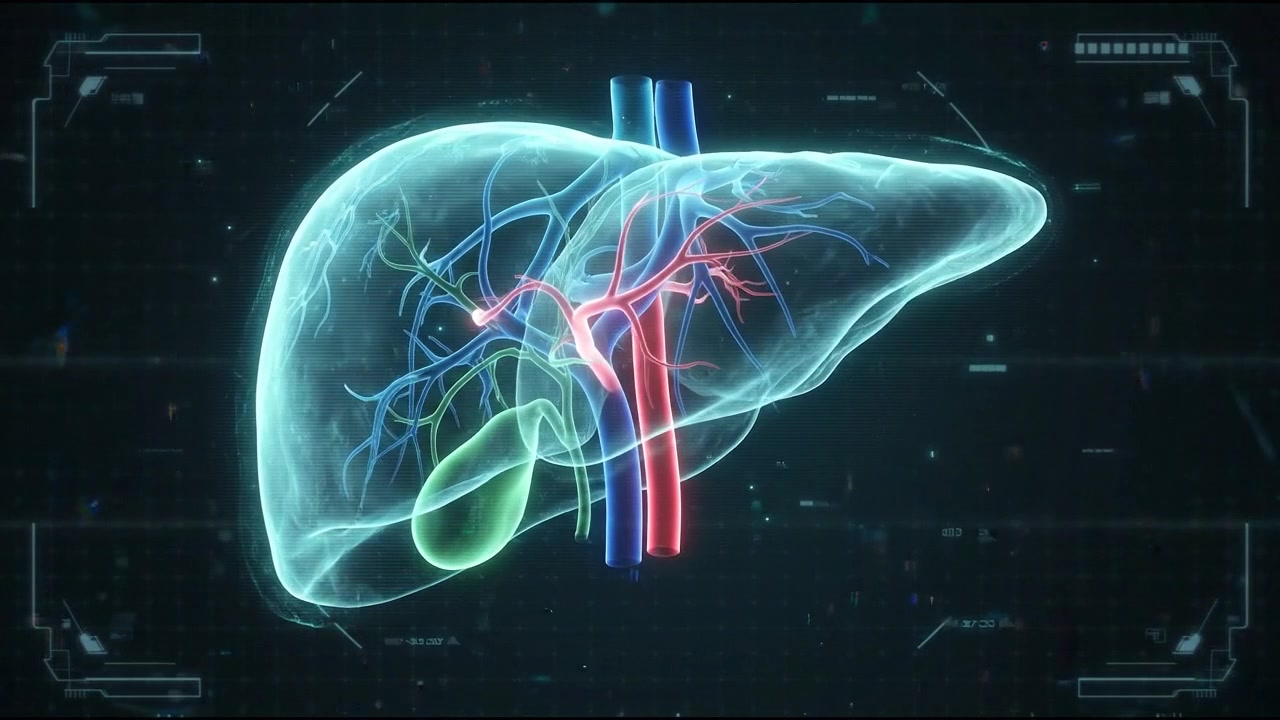 Glowing blue 3D human liver hologram model render