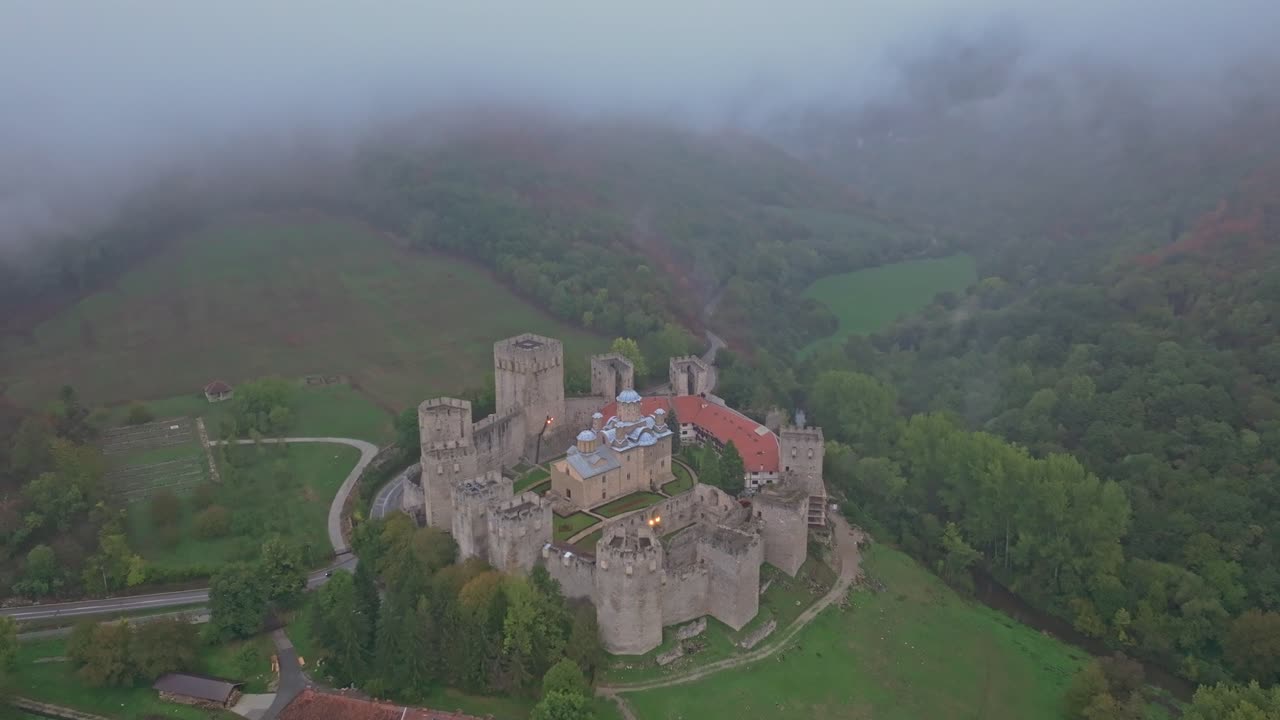 Aerial View of Manasija Monastery and Fortress in Serbia's Mountains