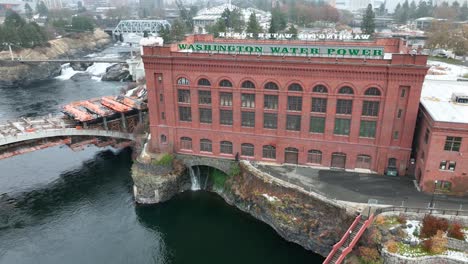 aerial view of the washington water power building in historic downtown spokane