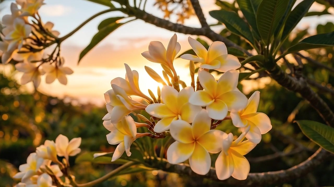 Fiori di plumeria bianchi e gialli che sbocciano al tramonto.