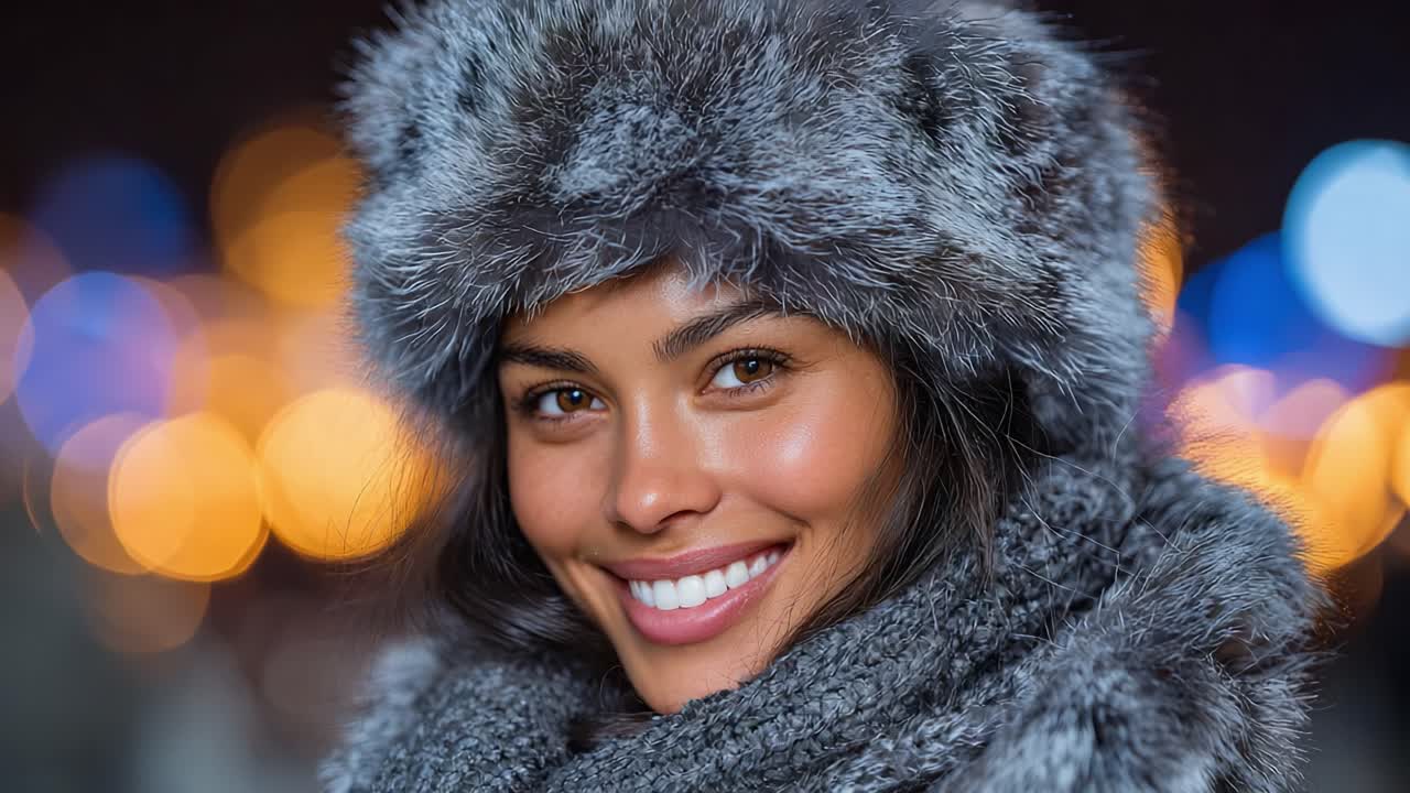 Warm and Inviting Smile: A Portrait of a Young Woman in a Cozy Fur Hat Against a Vibrant, Colorful Background of Soft Lights in Winter Atmosphere