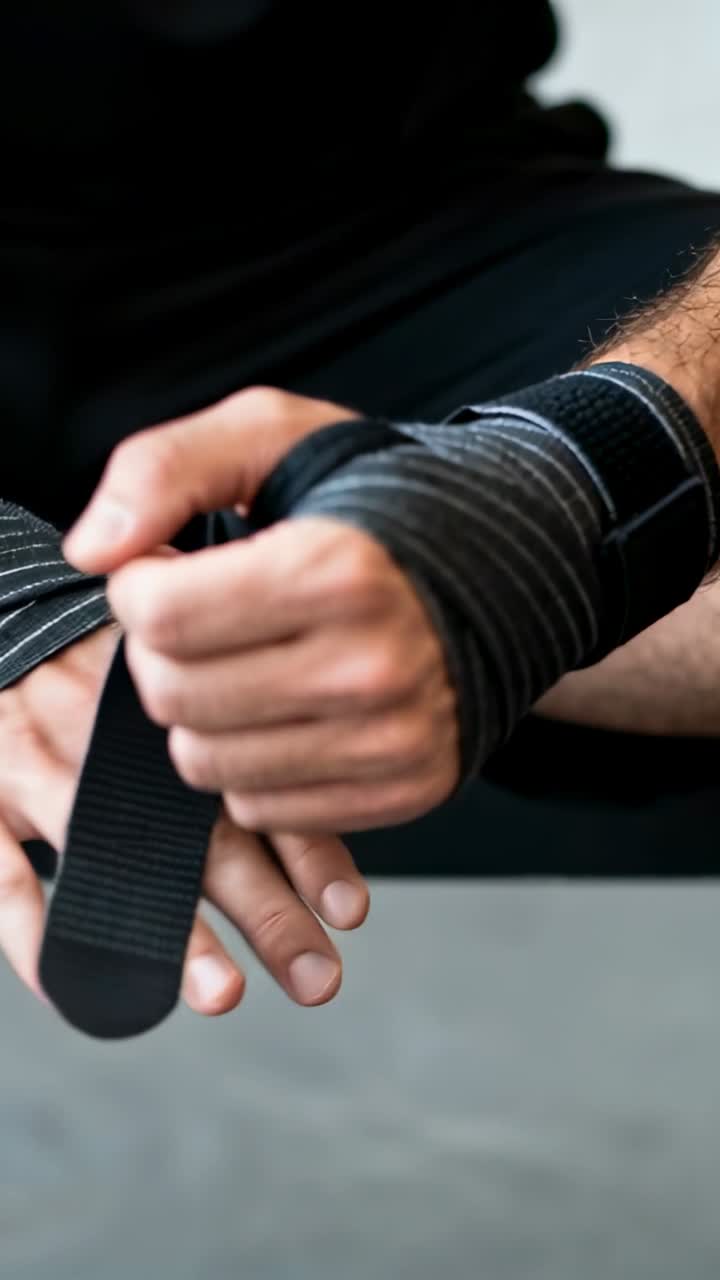 Video vertical: Manos masculinas ajustando la muñequera de velcro en un banco para entrenar con ropa de gimnasio