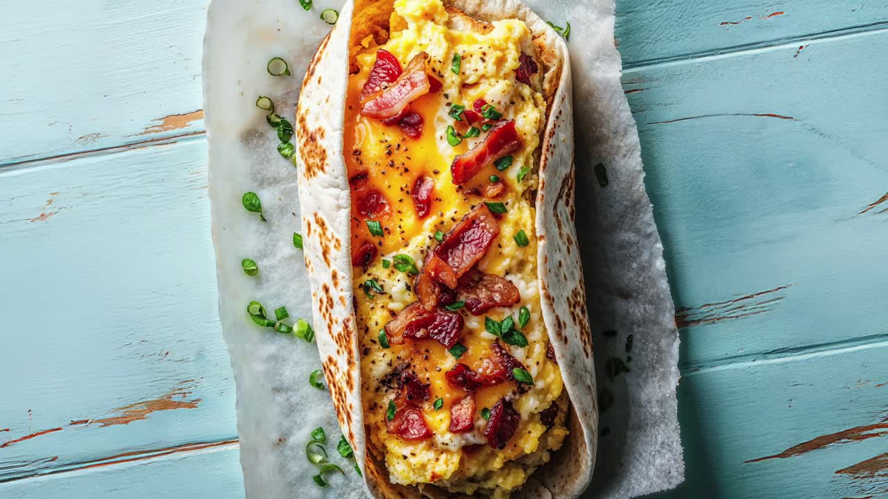 delicioso burrito de desayuno con huevos, tocino y queso