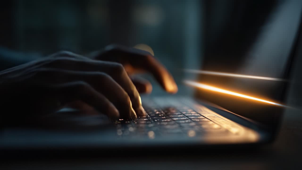 ノートパソコンのキーボードを打つ手の込んだディテールを捉えたクローズアップショット。薄暗い環境の中で光るキーと周囲の照明が際立っています。