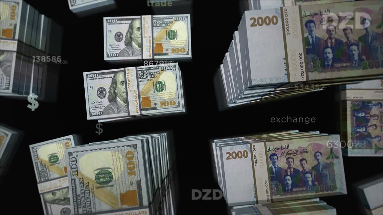 미국 달러와 알제리 디나르 화폐 교환 루프 애니메이션