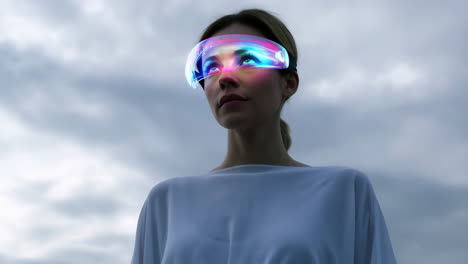 woman wearing futuristic ar/vr smart glasses against a cloudy sky