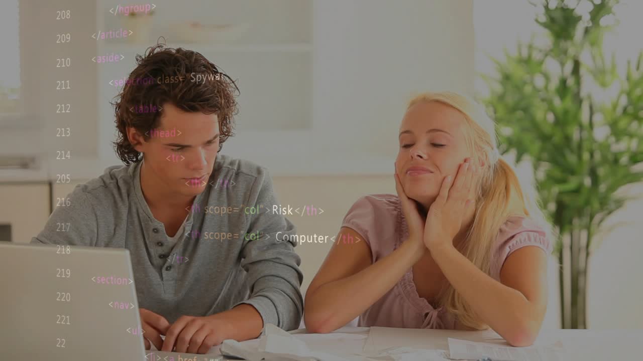 Woman flipping pages while debugging, man typing laptop, code overlaying screen, couple calming