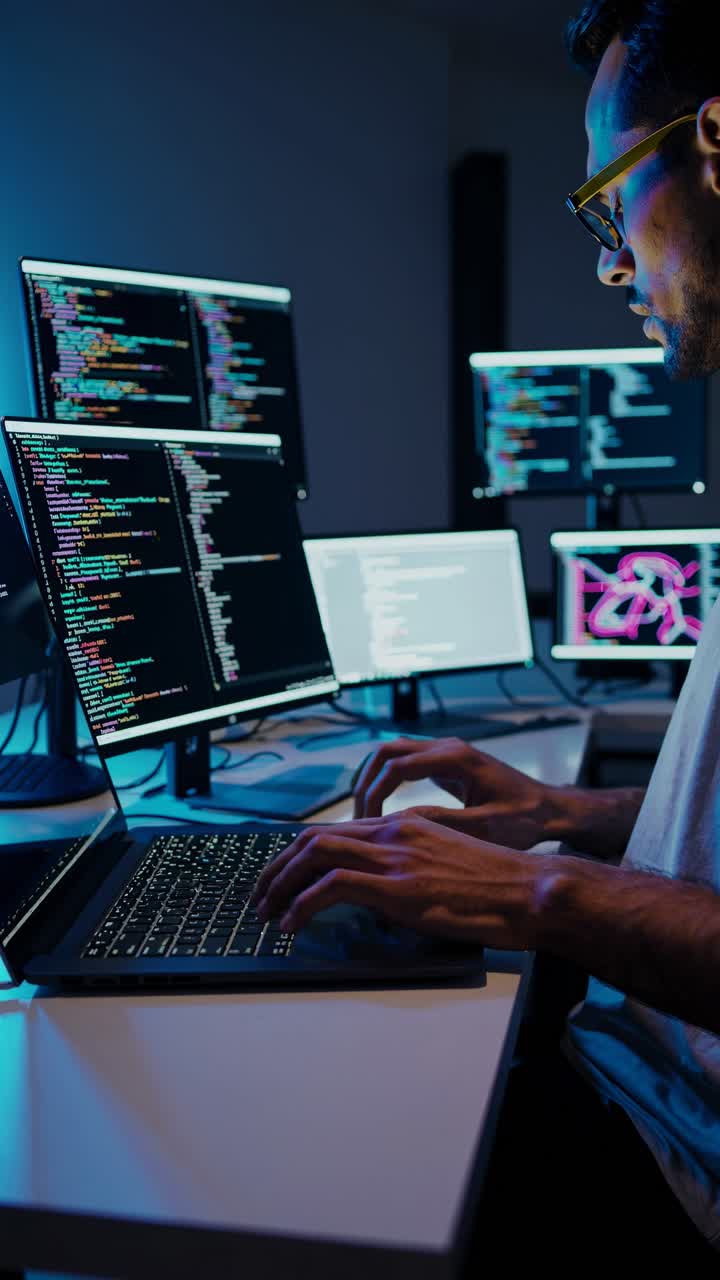 A programmer in a dimly lit room works on code across multiple screens