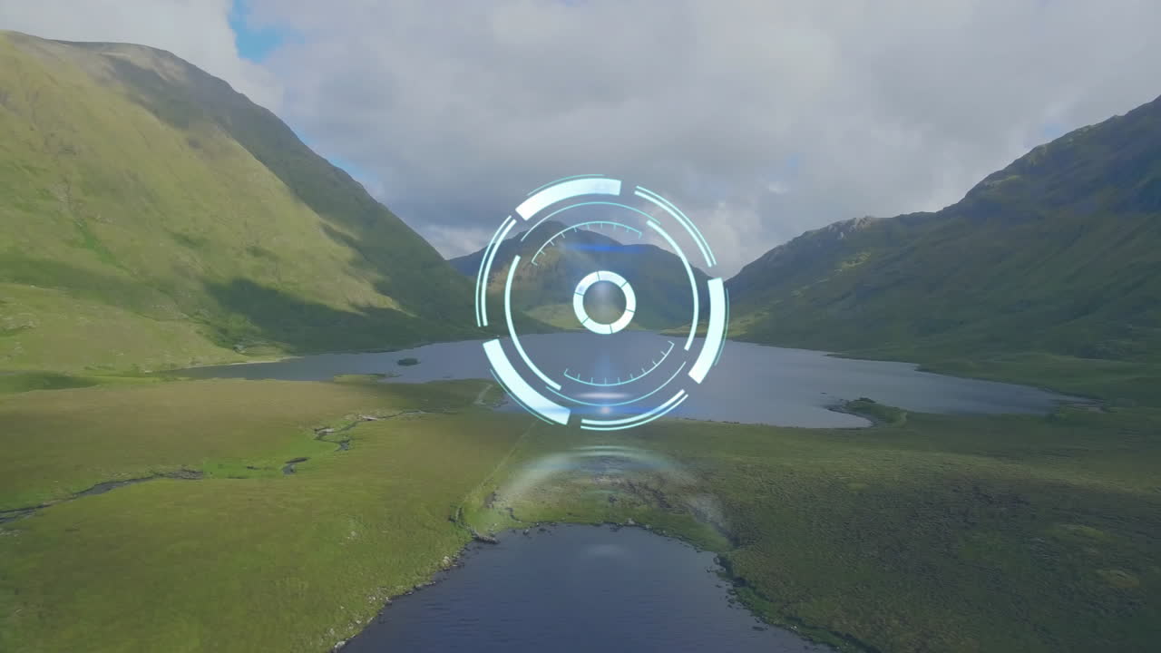 Holographic HUD graphic hovering above highland valley, showing concentric rings in 3D render