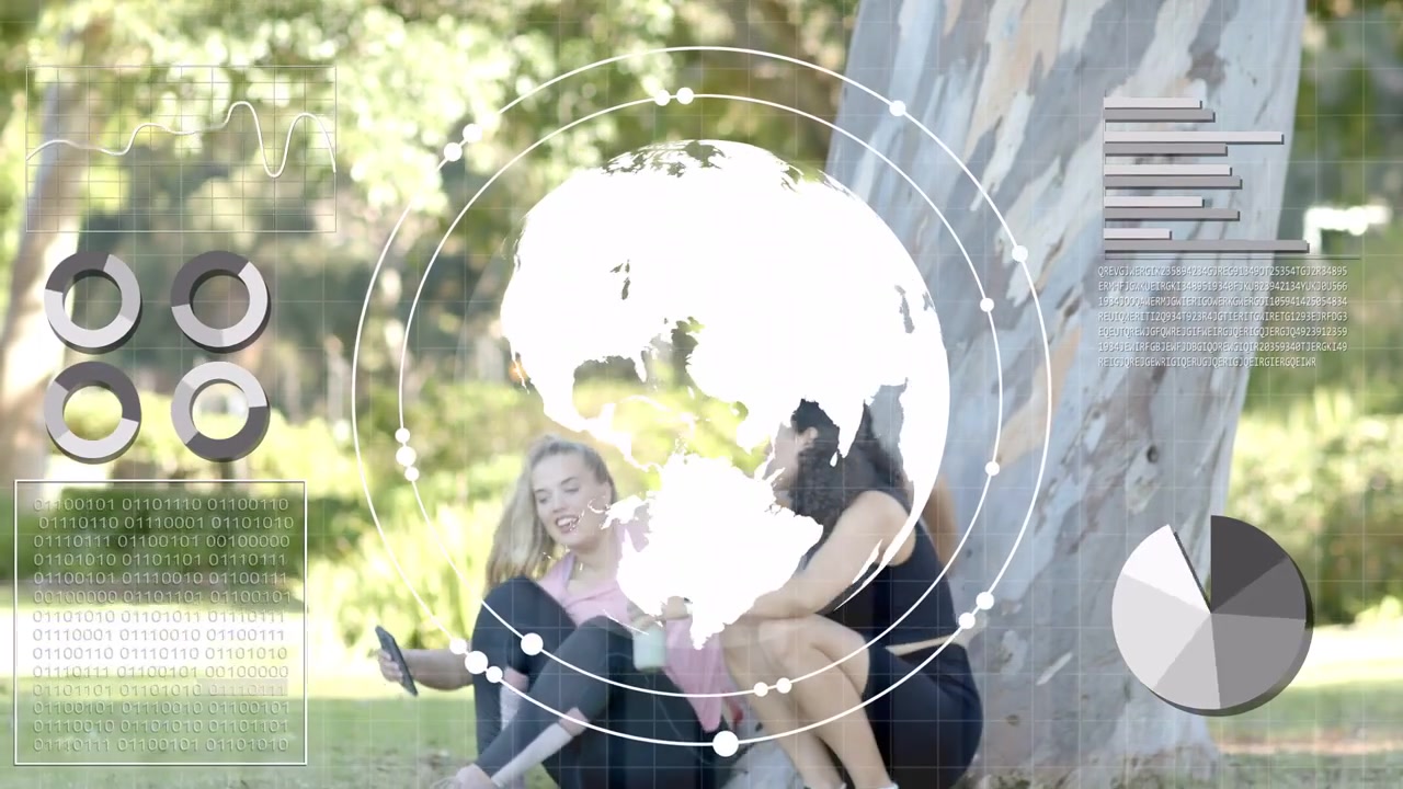 Due donne camminano nel parco; un globo HUD mostra dati fitness, le fa sedere per bere da una bottiglia e controllare il telefono