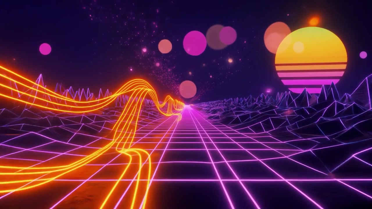 Paesaggio retro synthwave con griglia al neon luminosa e tramonto
