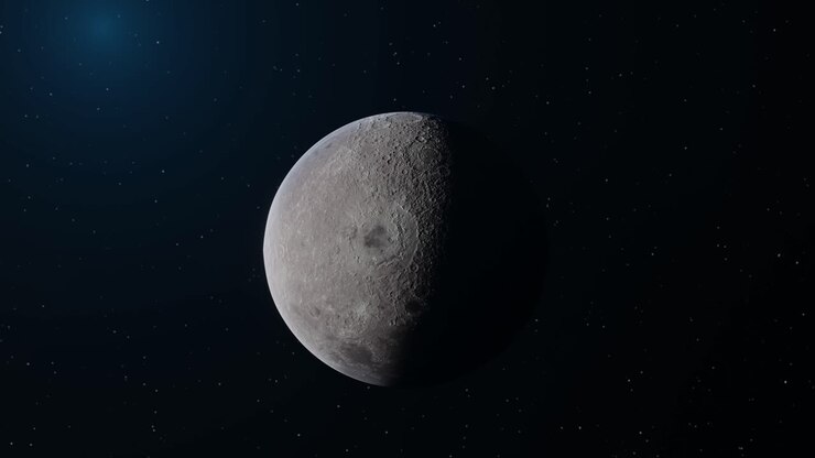 3D Animation zooming in on the Moon as it is revealed by sunlight