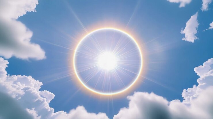 Bright Sun with Solar Halo and Moving Clouds in Blue Sky
